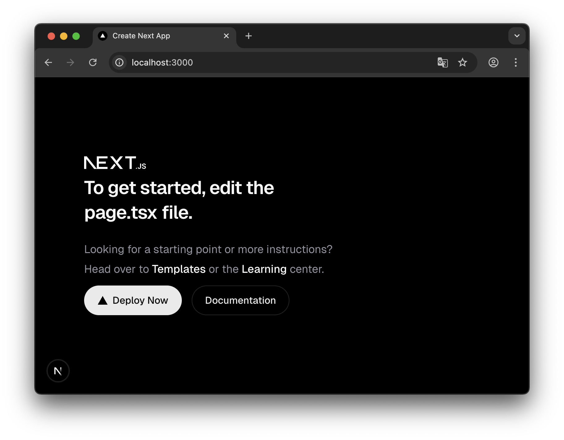 ブラウザで表示されたNext.jsアプリの初期画面。中央に「To get started, edit the page.tsx file.」と記載され、下部に「Deploy Now」および「Documentation」ボタンが配置されている。